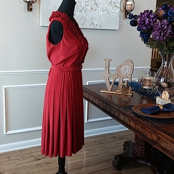 Adrianna Papell Ruffle Neckline belted Pleated Dress. Size 8 EUC - Picture 8 of 17